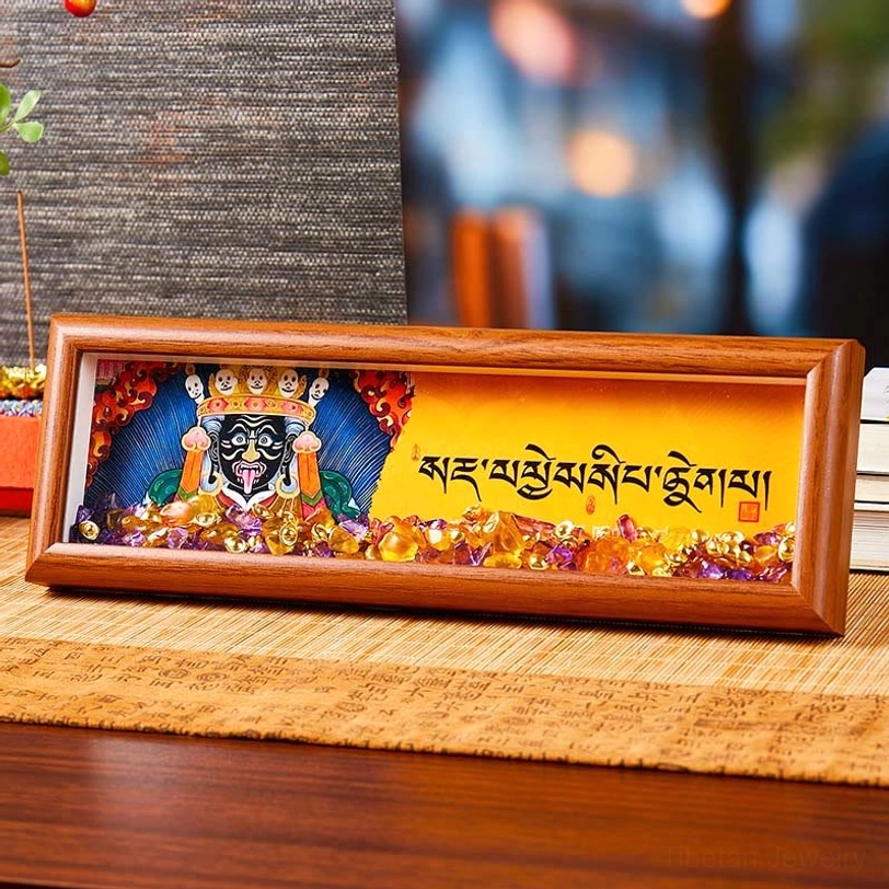 Om Mani Padme Hum thangka frame with amethyst and citrine crystals on bamboo mat, style 1 front view