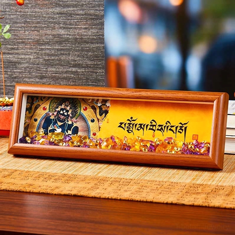 Tibetan thangka frame style 3 featuring Buddhist deity thangka art with natural crystal stone inlays on home display