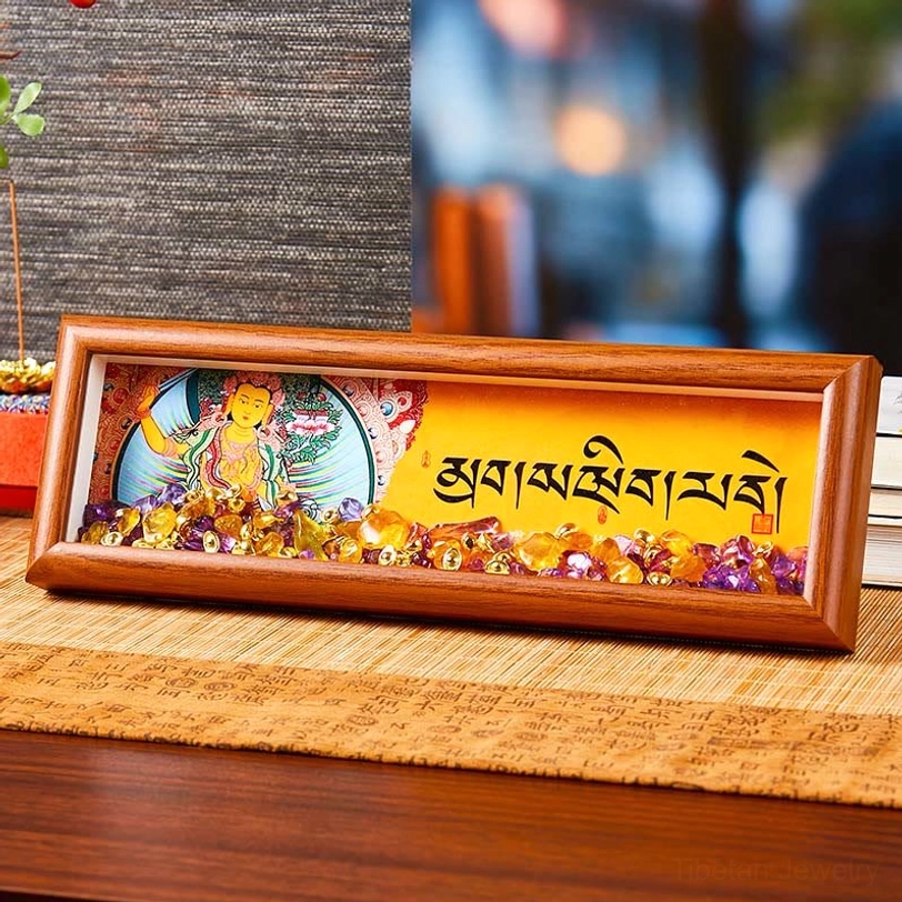 Tibetan thangka frame style 4 with ornate Buddhist deity iconography and amethyst citrine crystal embellishments