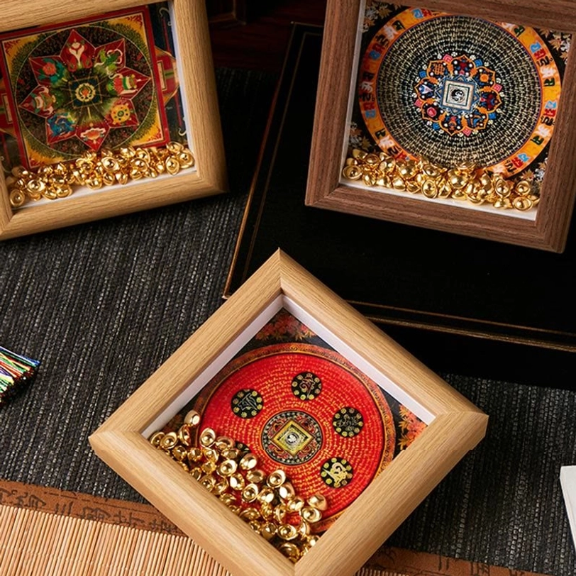 Tibetan thangka spiritual frame with complete mandala design and golden embellishments, lifestyle photography