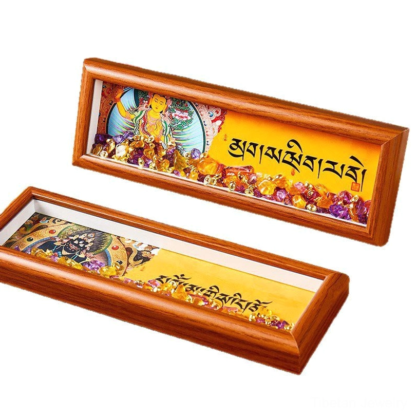 Om Mani Padme Hum thangka frame in meditation space setting showing spiritual wellness application and ambiance