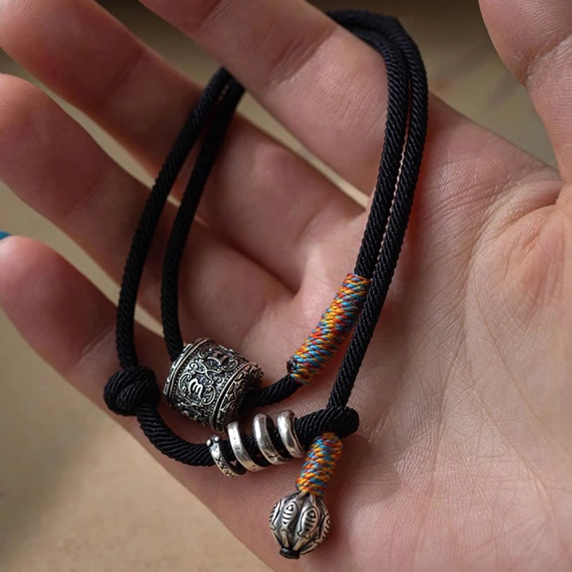 Tibetan Om Mani Padme Hum amulet double wrap bracelet full product view with all components visible