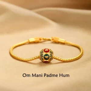 Tibetan Om Mani Padme Hum sacred mantra gold bracelet with carved Himalayan character bead