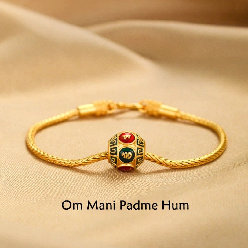 Tibetan Om Mani Padme Hum sacred mantra gold bracelet with carved Himalayan character bead