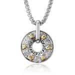 Om Mani Padme Hum six-word mantra donut pendant necklace with two-tone silver and gold finish and intricate cloud patterns