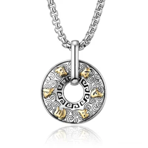 Om Mani Padme Hum six-word mantra donut pendant necklace with two-tone silver and gold finish and intricate cloud patterns