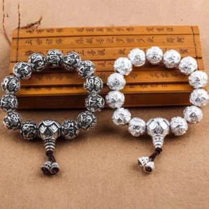 Om Mani Padme Hum 108 bead bracelet in silver and antique silver on bamboo calligraphy with carved mantra beads