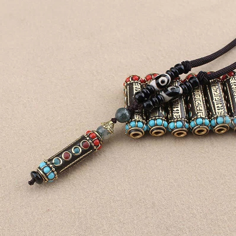 Om Mani Padme Hum Tibetan necklace with turquoise accents and wenge wood beads