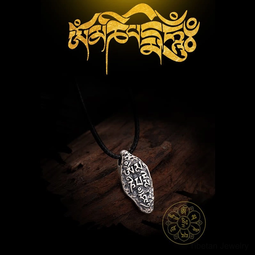 Tibetan Om Mani Padme Hum necklace pendant with aged silver patina, vintage handmade craftsmanship