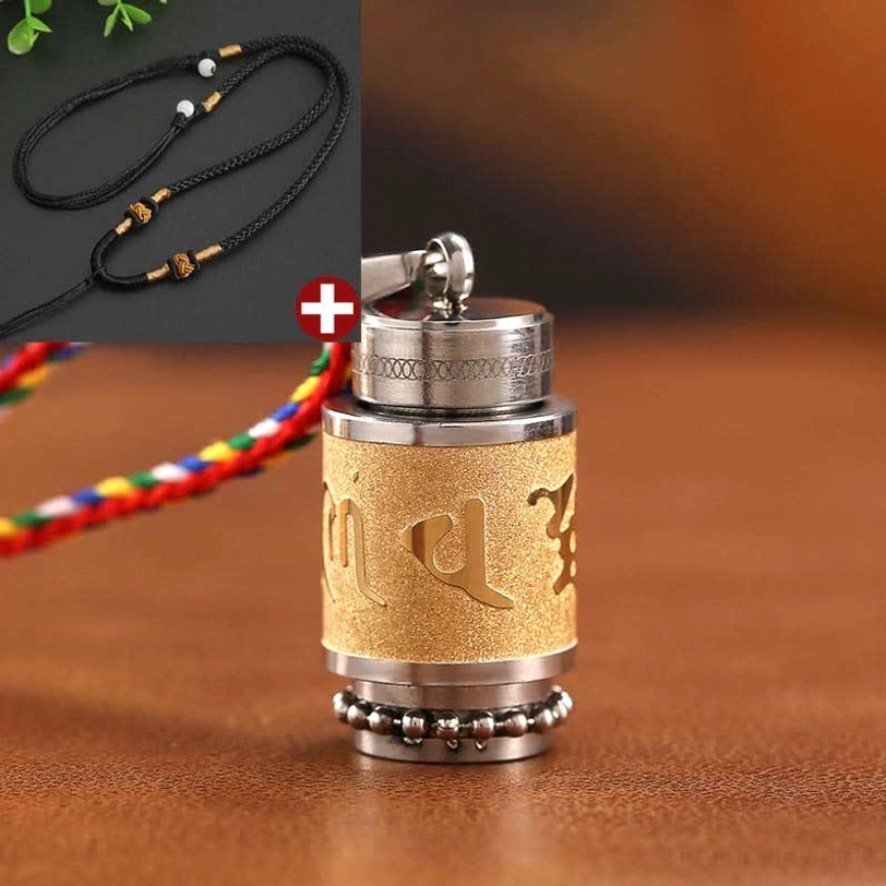 Om Mani Padme Hum Tibetan pendant necklace with black rope and gold-finished titanium steel