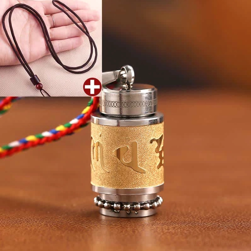 Om Mani Padme Hum pendant with brown woven rope and gold-finished titanium steel surface