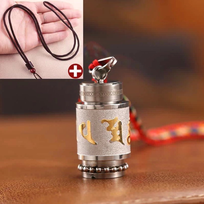 Om Mani Padme Hum amulet pendant with brown woven rope and silver titanium steel finish