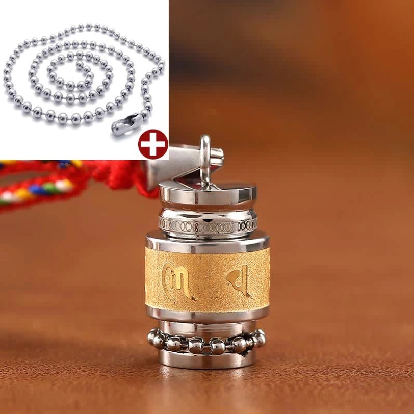 Om Mani Padme Hum amulet pendant with silver bead chain necklace and frosted titanium steel finish