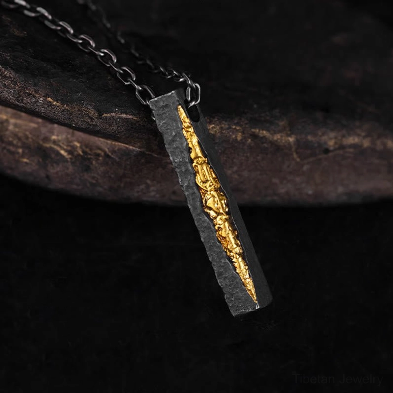 Sacred Om Mani Padme Hum gold relief pendant on oxidized silver base