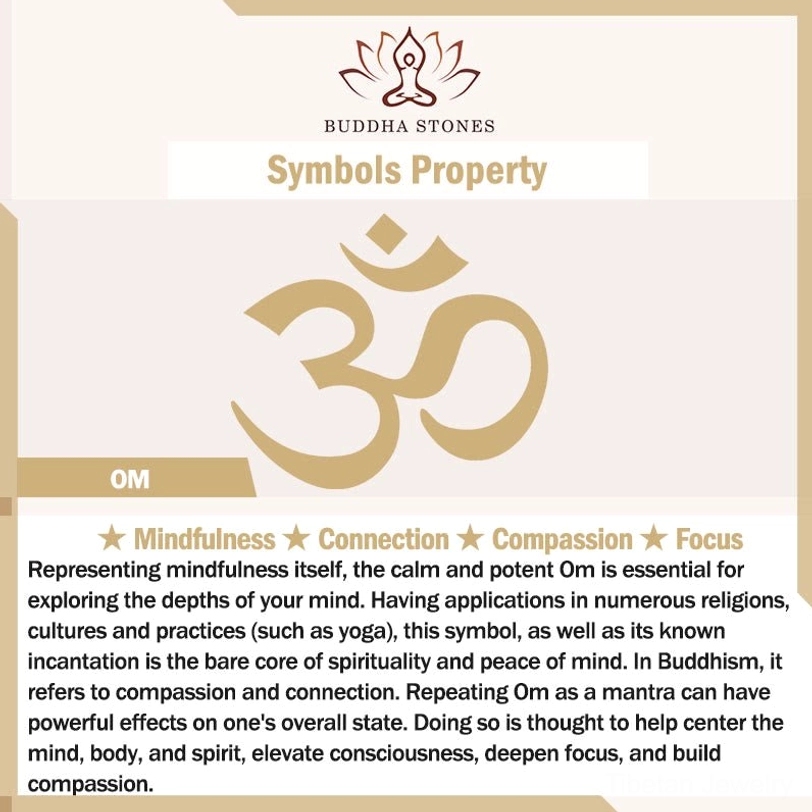 Sacred OM symbol meaning and spiritual benefits card explaining mindfulness, focus, compassion, and meditation practice