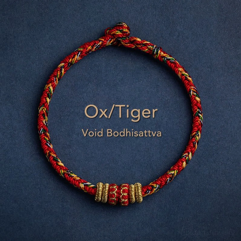 Ox and Tiger zodiac natal Buddha bracelet with red mixed braided cord and gold knots