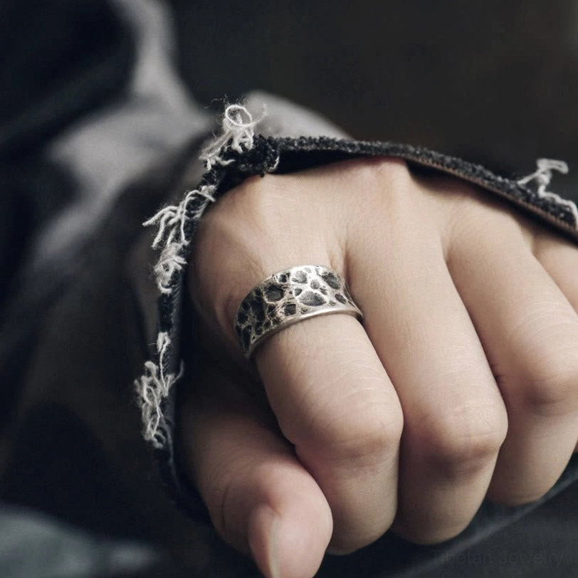 Dark oxidized silver protection ring on finger side profile street wear casual styling