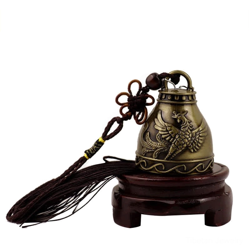 Phoenix wind chime bell with embossed phoenix motif, brown tassel and traditional Chinese knot decoration