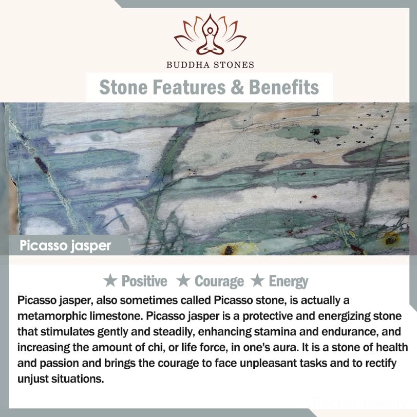 Picasso jasper stone benefits information card by Buddha Stones, explaining healing properties of grey jasper for energy and courage