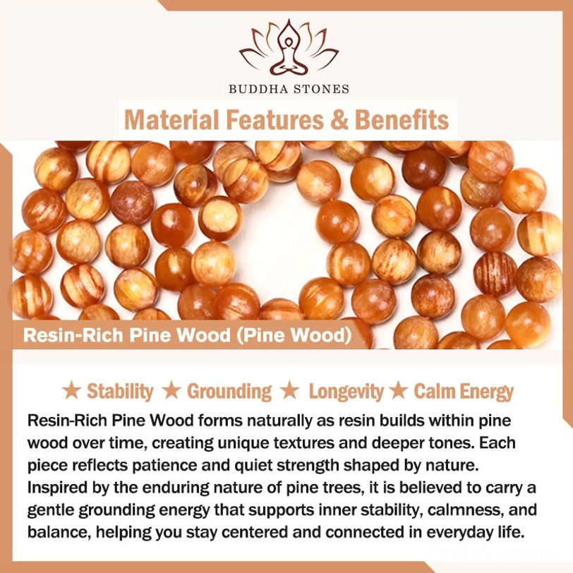 product information card displaying pine wood mala bead close-ups and material benefits for tibetan prayer necklace