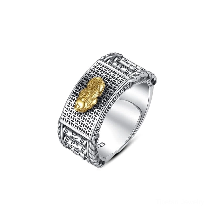 Pixiu wealth attraction ring adjustable band showing intricate carved embossed imagery and spiritual design details
