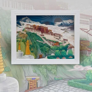 Tibetan Potala Palace wall-mounted LED night light with white frame, displaying multi-layered paper carving artwork