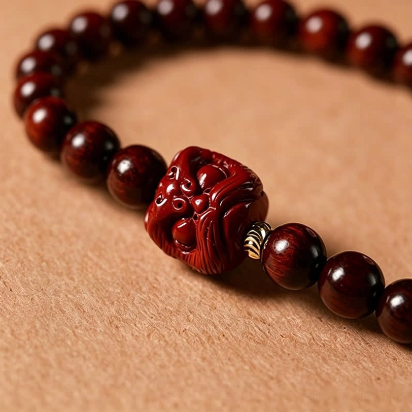 Premium red sandalwood 108 bead mala with peace buckle, natural wood texture and spiritual craftsmanship detail