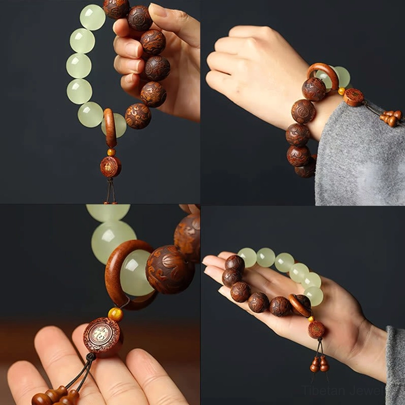 Comprehensive four-angle product showcase of handmade Pixiu Fu bracelet with pendant styling