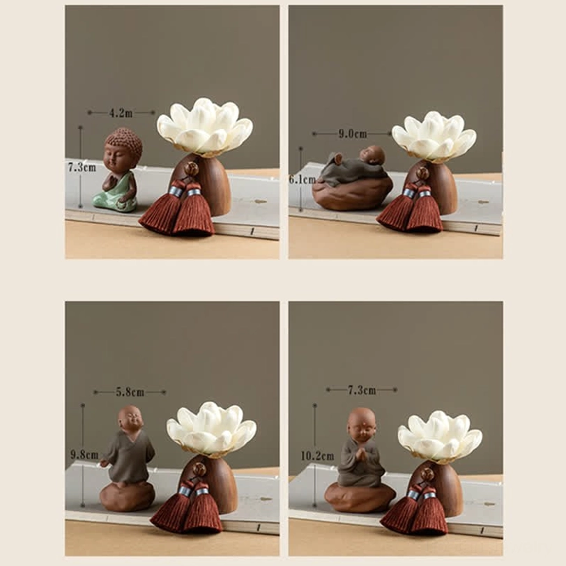 Purple clay Buddha figurine with natural wood lotus base and double reddish-brown tassels