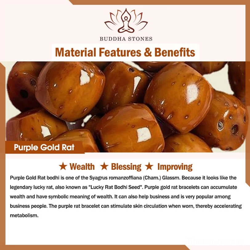 Purple gold rat bodhi seed benefits infographic card highlighting wealth attraction, blessing energy, and metabolism improvement