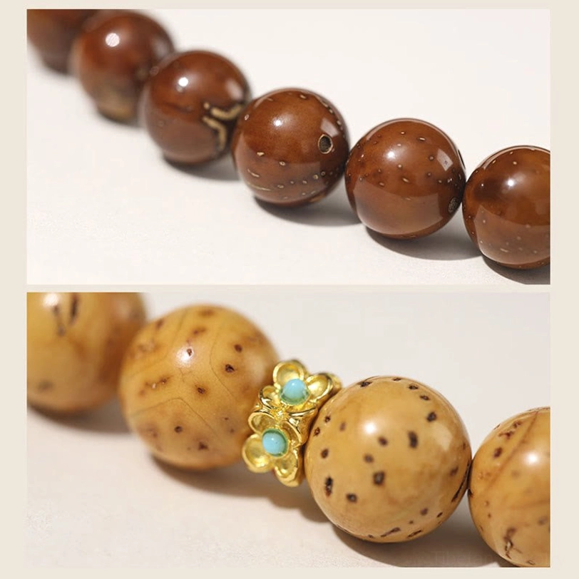 Purple Gold Rat and Bodhi seed combination bracelet showing dual bead materials and spiritual significance