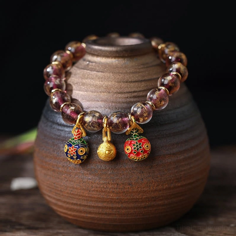 Purple gold gradient liuli glass bead bracelet with enamel swallowing beast pendant