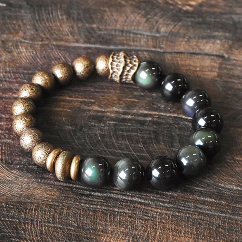 Rainbow Obsidian Copper Bead Bracelet Complete - Antique Bronze Carved Decor with Mixed Obsidian and Bronze Beads Showing Clear Rainbow Sheen