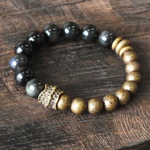 Rainbow Obsidian Copper Beaded Bracelet - Top View Flat Lay Showing Glossy Black Obsidian Beads with Vintage Bronze Metal Accents and Carved Connector