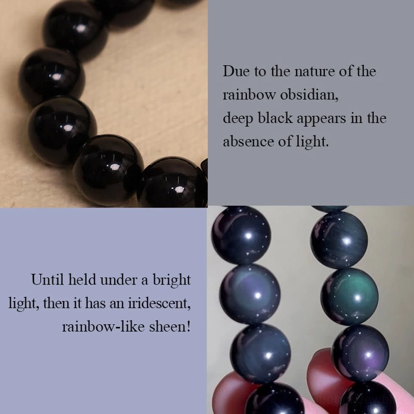 Rainbow Obsidian stone beads sample showing iridescent rainbow sheen under bright light with deep black base, spiritual stone showcase