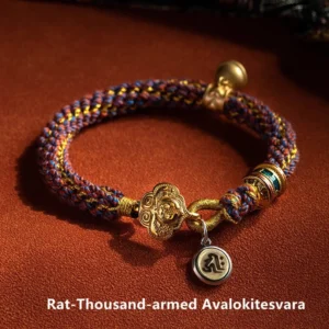 Rat zodiac thousand-armed Guanyin Buddha bracelet with purple-brown braided rope and engraved metal pendants