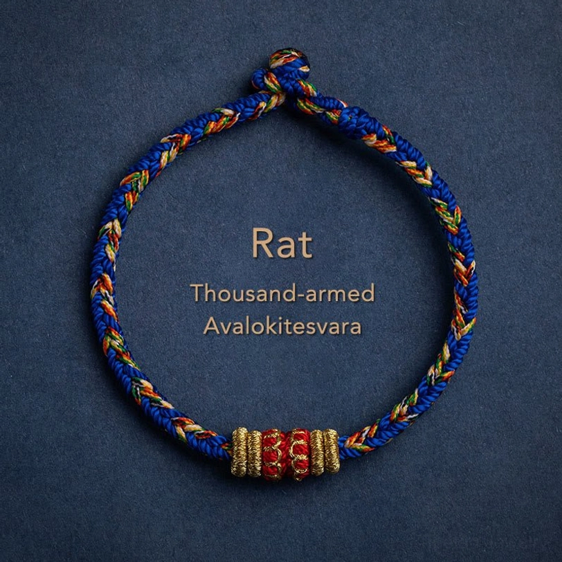 Rat zodiac natal Buddha bracelet with blue braided cord and protective gold decorative elements