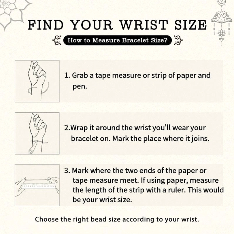 Bracelet wrist size measurement guide showing step-by-step fitting instructions, hand-drawn illustration for determining correct circumference