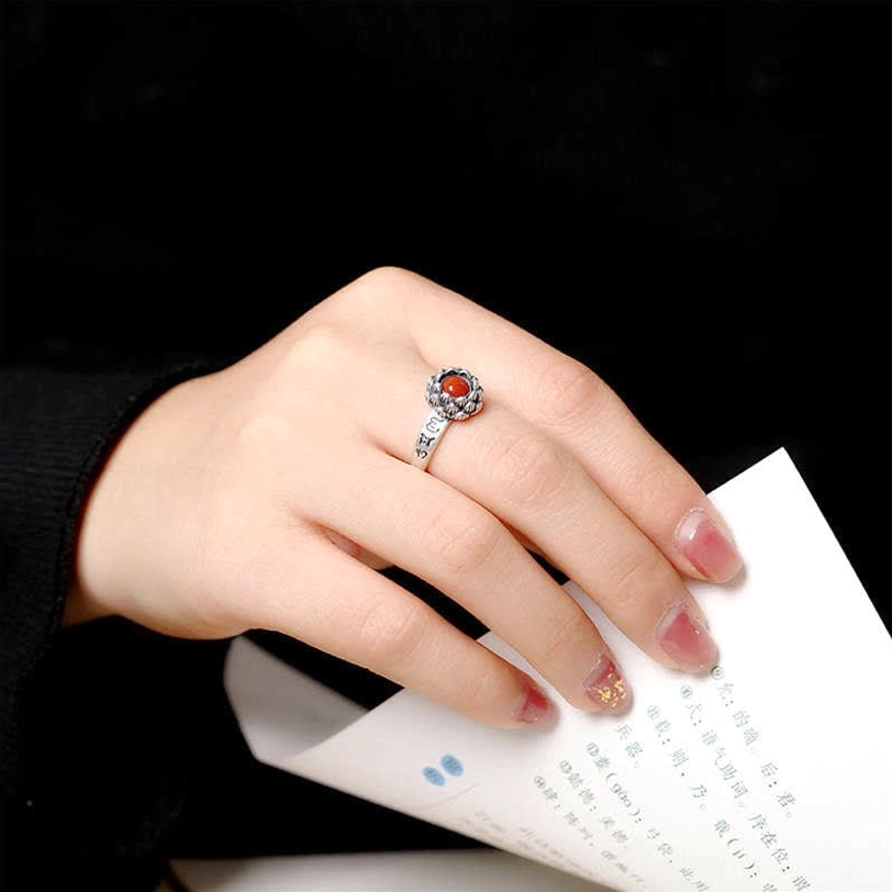 925 sterling silver lotus red agate ring front clear view with natural stone setting