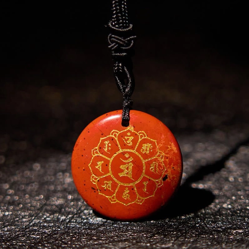 Red Agate Om Mani Padme Hum pendant necklace with braided rope for daily spiritual wear