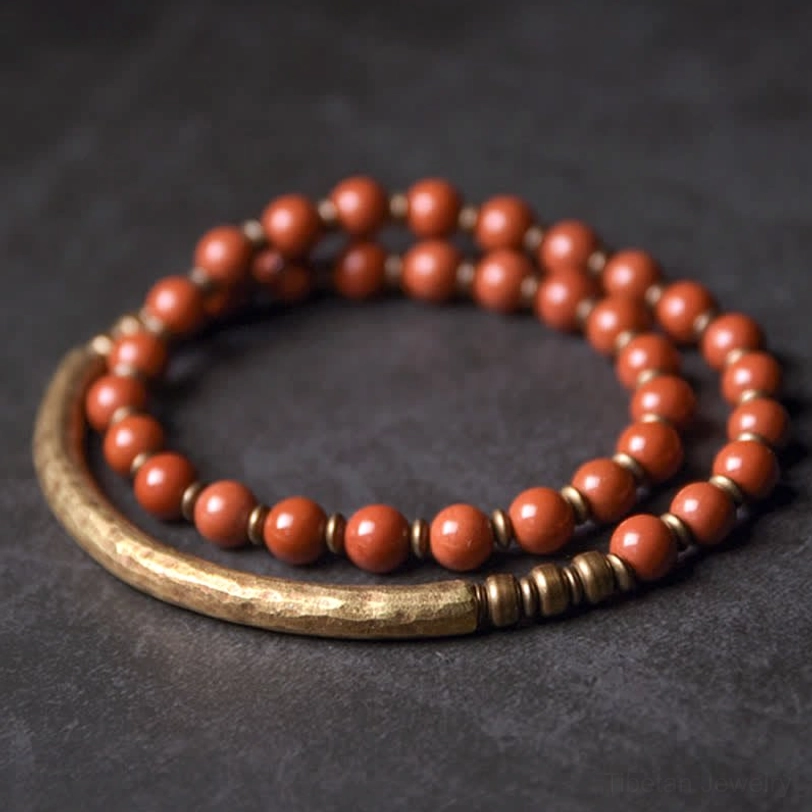 Smooth red round beads with solid copper open ring healing bracelet - product display