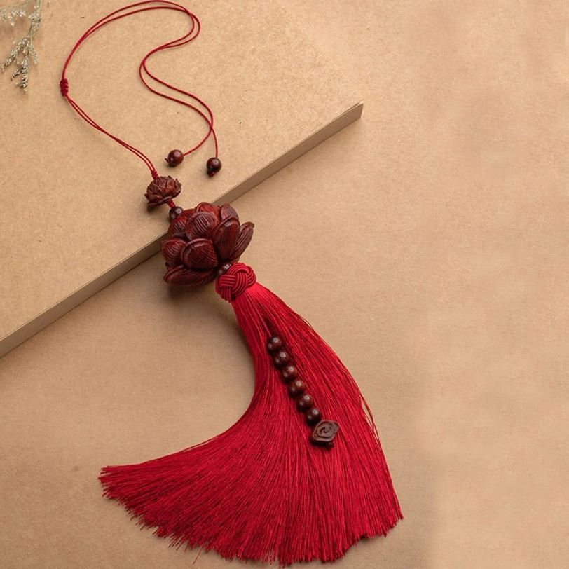 Red sandalwood lotus tassel car hanging decoration 24-30cm adjustable with sacred lotus carving