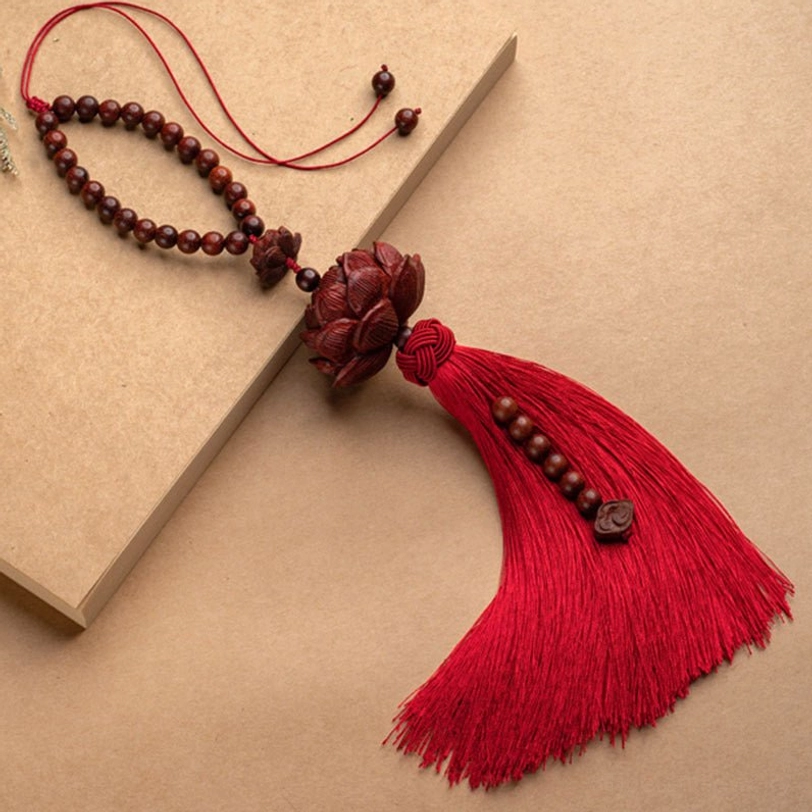 Red Tibetan sandalwood lotus tassel adjustable wrist bracelet 32-35cm with hand-carved lotus charm