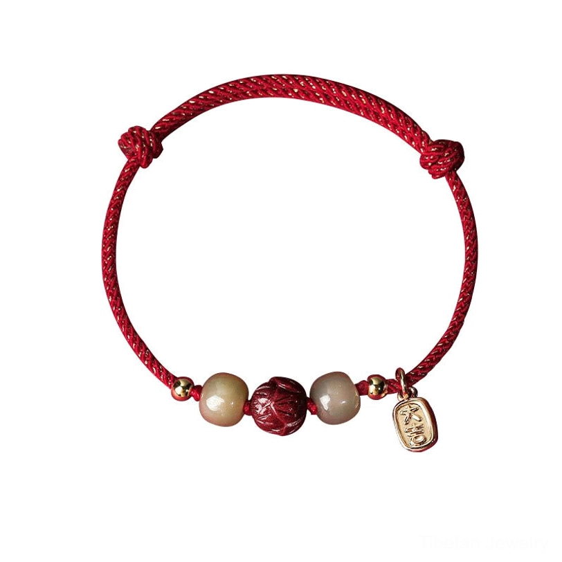 Single red silk rope lucky bracelet featuring braided cord and complete jade bead set