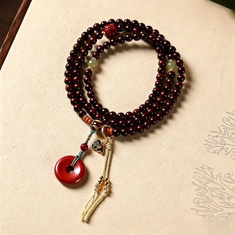 Red sandalwood 108 bead mala with peace buckle on vintage textured paper background, flat lay photography