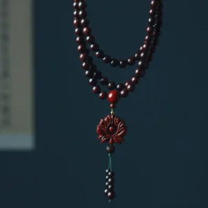 Red sandalwood 108-bead lotus mala bracelet flat lay overhead view with carved lotus pendant on dark background