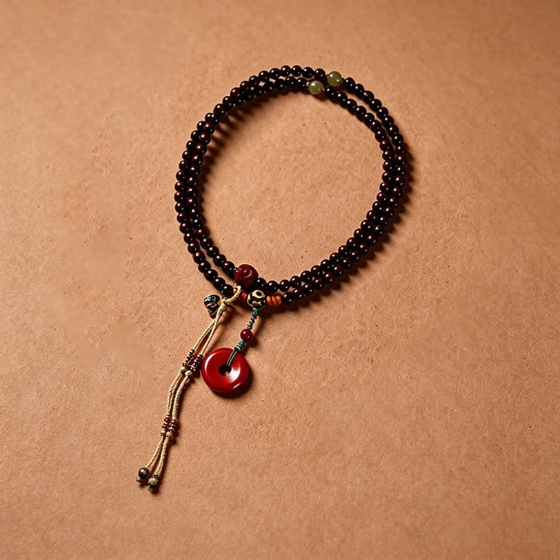 108 bead sandalwood mala necklace with red peace buckle pendant and woven tassel, oblique angle on tan background