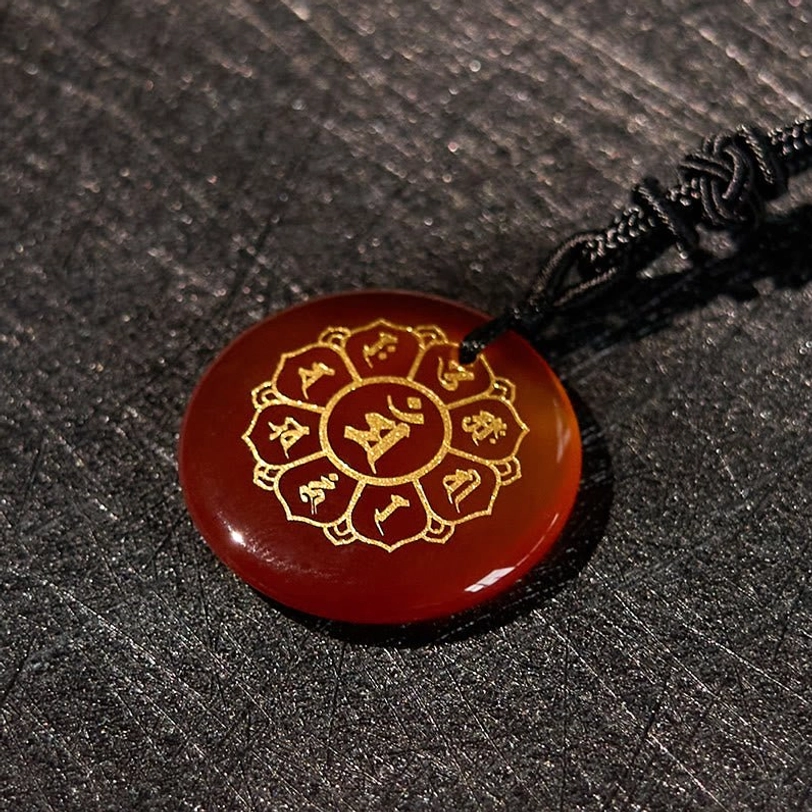 Red Stone jasper pendant with adjustable black rope - tibetan om mani mantra necklace