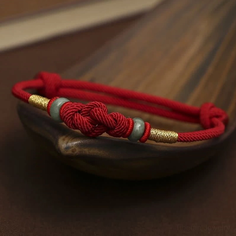 Red fortune knot bracelet with jade and gold wrapped sections on wooden table