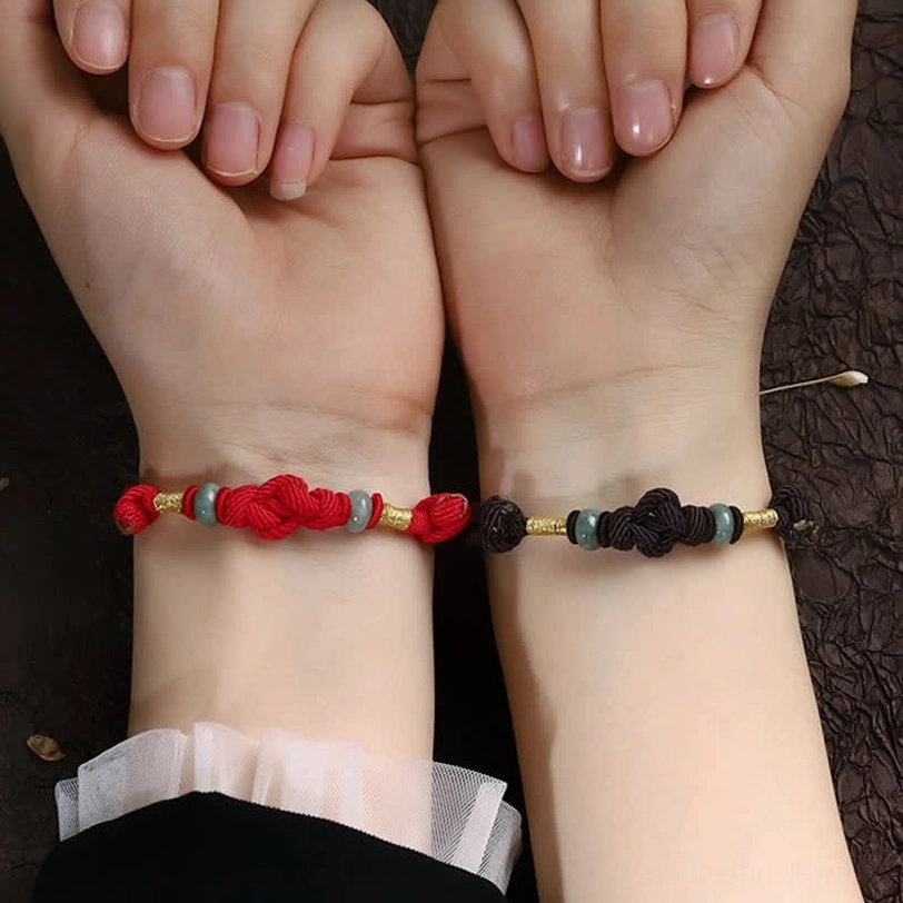 Red thread of fate couple bracelet with jade and gold detailing